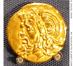Head of Pan on a gold coin of Panticapaeum, Crimea at My Favourite Planet